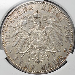 Монета 5 марок 1904 Филипп I Великодушный 400 лет Гессен Германия слаб CPRC AU 58