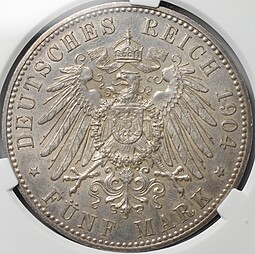 Монета 5 марок 1904 Свадьба Герцога Фридриха Франца IV Мекленбург-Шверин Германия слаб CPRC AU 58