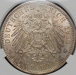 Монета 5 марок 1911 Луитпольд Баварский 90 лет  Бавария Германия слаб CPRC MS 63
