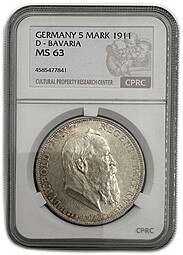 Монета 5 марок 1911 Луитпольд Баварский 90 лет  Бавария Германия слаб CPRC MS 63