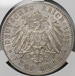 Монета 5 марок 1913 Гамбург Германия слаб CPRC MS 62