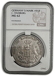 Монета 5 марок 1913 Гамбург Германия слаб CPRC MS 62