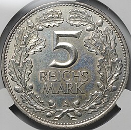 Монета 5 рейхсмарок (марок) 1925 A Тысячелетие Рейнской области Рейнланд Германия слаб CPRC MS 62