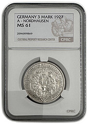 Монета 3 рейхсмарки (марки) 1927 1000 лет Нордхаузену Германия слаб CPRC MS 61