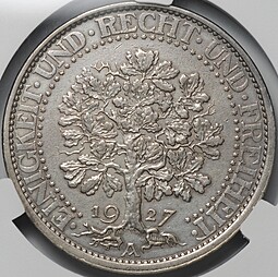 Монета 5 рейхсмарок (марок) 1927 A Берлин Германия слаб CPRC AU 50