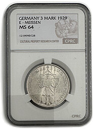 Монета 3 рейхсмарки (марки) 1929 1000 лет Мейсену Германия слаб CPRC MS 64