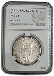 Монета 2000 реалов 1913 Без тире между звездами Бразилия слаб CPRC MS 64