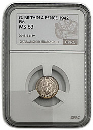 Монета 4 пенса 1942 PL Великобритания слаб CPRC MS 64