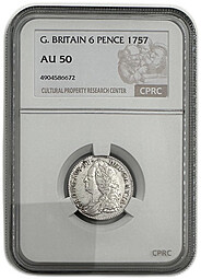 Монета 6 пенсов 1757 Великобритания слаб CPRC AU 50