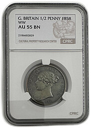 Монета 1/2 пенни 1858 Великобритания слаб CPRC AU 55 BN