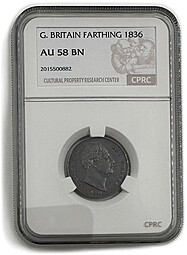 Монета 1 фартинг 1836 Великобритания слаб CPRC AU 58 BN