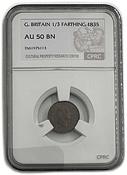 Монета 1/3 фартинга 1835 Великобритания слаб CPRC AU 50 BN