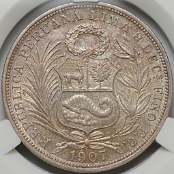 Монета 1/2 соль 1907 Перу слаб CPRC MS 61