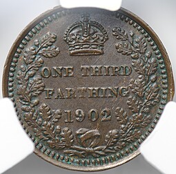 Монета 1/3 фартинга 1902 Великобритания слаб CPRC MS 62 BN