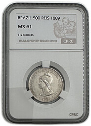 Монета 500 реалов 1889 Бразилия слаб CPRC MS 61
