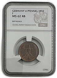 Монета 4 рейхспфеннига (пфеннига) 1932 F Штутгарт Германия слаб CPRC MS 62 RB