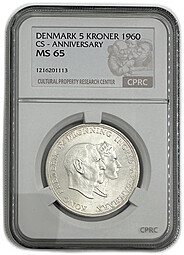 Монета 5 крон 1960 Серебряная свадьба Дания слаб CPRC MS 65