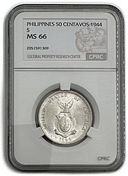 Монета 5 сентаво 1944 S Филиппины слаб CPRC MS 66