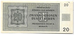 Банкнота 20 крон 1944 перфорация образец SPECIMEN Богемия и Моравия