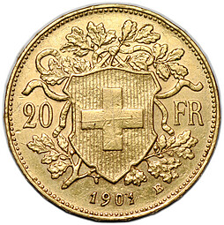 Монета 20 франков 1901 B Швейцария