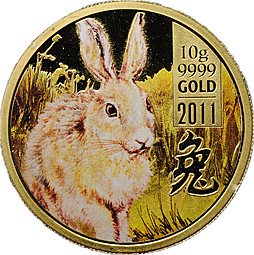 Монета 25 долларов 2011 Год Кролика Острова Кука (футляр)