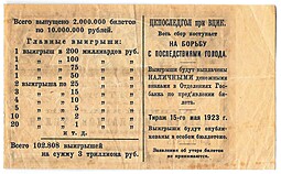 Выигрышный билет 10 рублей 1923 Лотерея ЦК ПОМГОЛ на борьбу с последствиями голода
