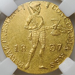 Монета 1 дукат 1837 имитация Санкт-Петербургский монетный двор Нидерланды слаб ННР AU 55