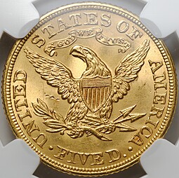 Монета 5 долларов 1896 Филадельфия США слаб ННР MS 62