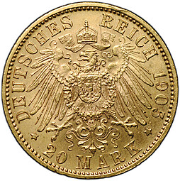 Монета 20 марок 1905 D Бавария Германия