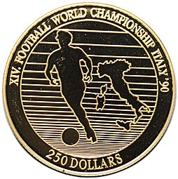 Монета 250 долларов 1990 Чемпионат мира по футболу Италия Ниуэ