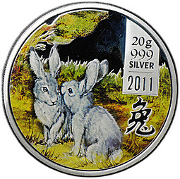 Монета 2 доллара 2011 Год кролика Китайский гороскоп 2 кролика Острова Кука