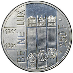 Монета 250 франков 1994 50 лет договору Бенилюкс Бельгия