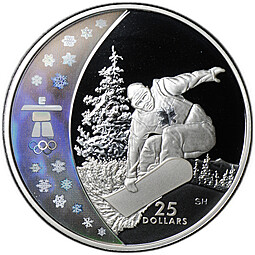 Монета 25 долларов 2008 Олимпиада Ванкувер 2010 - Сноуборд Канада