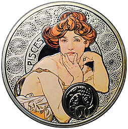 Монета 1 доллар 2011 Знаки зодиака - Рыбы Альфонс Муха Ниуэ