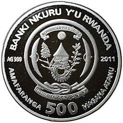 Монета 500 франков 2011 Кошки - Мейн-кун Руанда