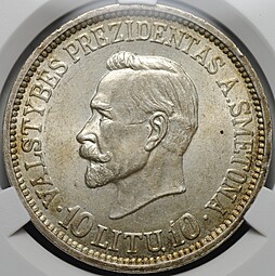 Монета 10 лит 1938 20 лет республике Президент Сметона Литва слаб CPRC MS 62