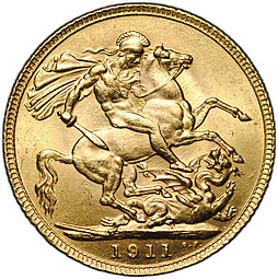 Монета 1 соверен (фунт) 1911 Великобритания слаб CPRC MS 63