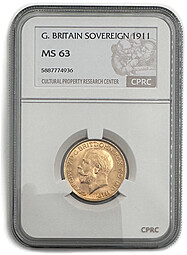 Монета 1 соверен (фунт) 1911 Великобритания слаб CPRC MS 63