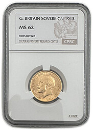 Монета 1 соверен (фунт) 1913 Великобритания слаб CPRC MS 62