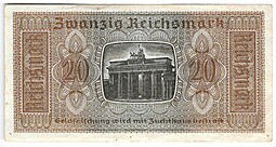 Банкнота 20 рейхсмарок (марок) 1939-1945 для оккупированных территорий Германия Третий Рейх