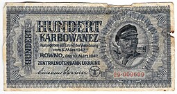 Банкнота 100 карбованцев 1942 Украина Ровно оккупация Германия Третий Рейх