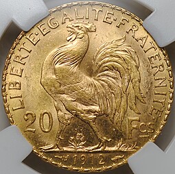 Монета 20 франков 1912 Франция слаб ННР MS 63