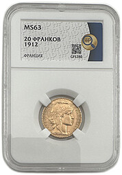 Монета 20 франков 1912 Франция слаб ННР MS 63