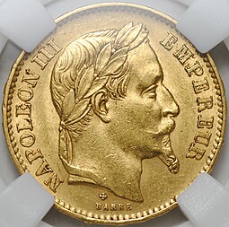 Монета 20 франков 1867 BB Франция слаб ННР AU 58