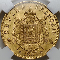 Монета 20 франков 1867 BB Франция слаб ННР AU 58