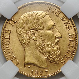 Монета 20 франков 1877 Бельгия слаб ННР MS 61