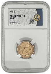 Монета 20 франков 1877 Бельгия слаб ННР MS 61