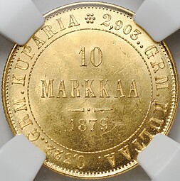 Монета 10 Марок 1879 S Русская Финляндия слаб ННР MS 64