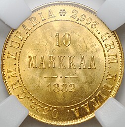Монета 10 марок 1882 S Русская Финляндия слаб ННР MS 64