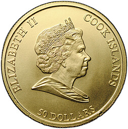 Монета 50 долларов 2008 Меркурий Бог торговли Острова Кука